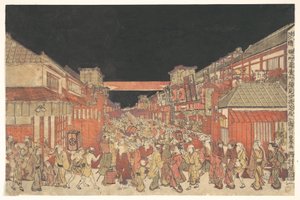 Vista de una representación kaomise en el teatro Yoshibai de Sakaichō Fukiyachō de Utagawa Toyoharu
