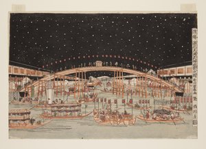 El Festival Tenma Tenjin por la noche en Osaka, una imagen en perspectiva de Utagawa Toyoharu