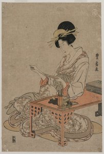Cortesana sentada en una mesa de escritura, c. finales de 1790s de Utagawa Toyohiro