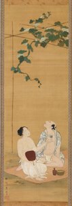Disfrutando del fresco de la tarde bajo una pérgola de calabazas, principios del siglo XIX de Utagawa Toyohiro