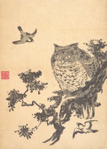Búho y dos golondrinas de Utagawa Toyohiro
