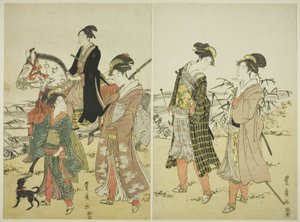 Grupo de cetreros cerca del río de Utagawa Toyohiro