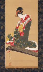 Mujer poniéndose plectros en los dedos para tocar el koto, principios del siglo XIX de Utagawa Toyohiro