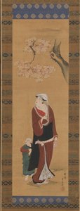 Mujer y niño bajo un cerezo de Utagawa Toyohiro
