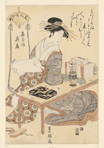 Cortesana Ogiya de la casa Hanaogi Ogiya uchi hanaogi (título sobre objeto) Bellezas como las siete Komachi (título de la serie) Bijin nana Komachi (título de la serie sobre el objeto)
