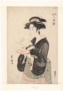 Retrato de la camarera Okita. Tríptico de bellezas elegantes Furyu sampukutsui (título sobre el objeto) de Utagawa Toyokuni (I)