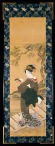 Retrato de cuerpo entero de una mujer afinando su shamisen en una veranda de Utagawa Toyokuni
