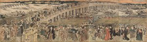 Refrescándose en el puente Ryōgoku en Edo, un pentaptych de Utagawa Toyokuni