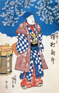 Actor japonés en kimono y fondo decorado con flores de manzano