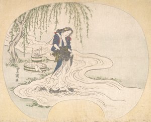 Una mujer se para en una roca en un arroyo lavando ropa, ca. 1828 de Utagawa Toyokuni II