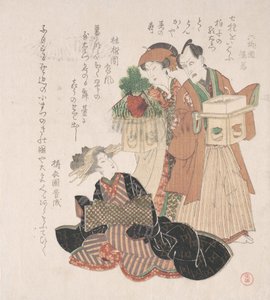 Actor Nakamura Utayemon con dos mujeres preparándose para la ceremonia de Año Nuevo, siglo XIX de Utagawa Toyokuni I