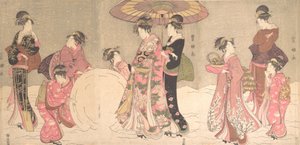 Cortesanas y asistentes haciendo una bola de nieve gigante de Utagawa Toyokuni I