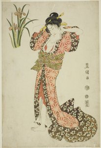 Iris: belleza arreglando el cabello, de una serie sin título de bellezas y flores de Utagawa Toyokuni I