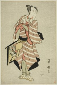 El actor Sawamura Sojuro III como el arriero Muchizo en la obra "Miyamairi Musubi no Kamigaki," representada en el Teatro Kiri en el undécimo mes, 1797