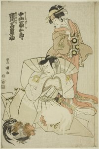 Los actores Ichikawa Komazo III como Akuhachiro Tokikage y Nakayama Tomisaburo I como Yushide, la hermana de Rokurozaemon, en la obra "Hana to Mimasu Yoshino no Miyuki," representada en el Teatro Nakamura en el undécimo mes, 1798 de Utagawa Toyokuni I