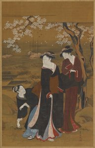 Tres mujeres bajo un cerezo en flor en la orilla del mar de Utagawa Toyokuni I