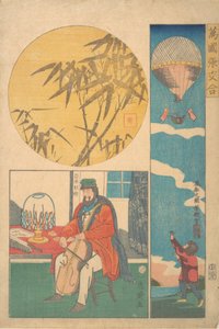 Globo americano, americano tocando el violonchelo, bambú de Utagawa Yoshiiku