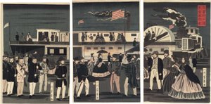 Llegada y salida de un barco de vapor americano (Amerikakoku jokisha orai) de Utagawa Yoshikazu
