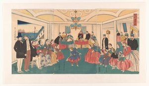Los extranjeros se divierten en un banquete. Ikokujin shuen yuraku no zu (título sobre objeto) de Utagawa Yoshikazu