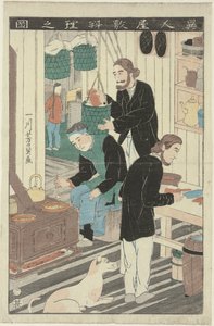 La cocina en casa de un extranjero Ijin yashiki ryori no zu (título sobre objeto) de Utagawa Yoshikazu
