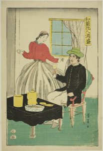 Pareja holandesa bebiendo vino (Orandajin sakamori) de Utagawa Yoshikazu