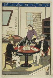 Extranjeros bebiendo vino (Gaikokujin shuen no zu) de Utagawa Yoshikazu