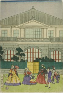 Residencia del Comerciante Francés en el Puerto de Yokohama (Yokohama ko Furansu shokan no zu) de Utagawa Yoshikazu
