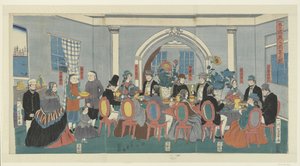 Cinco nacionalidades en un banquete Gokokujin shuen no zu (título sobre objeto) de Utagawa Yoshikazu