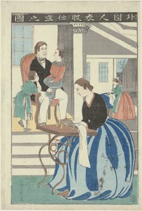 Mujer occidental detrás de una máquina de coser Gaikokujin ifuku shitate no zu (título sobre objeto) Imagen de un extranjero confeccionando ropa de Utagawa Yoshikazu