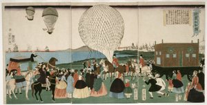 Ballooning in America, pub. 1865 (xilografía coloreada a mano) de Utagawa Yoshitora