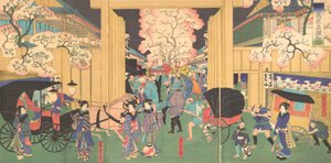 Cerezos en la noche en New Shimabara de Utagawa Yoshitora