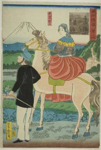Inglés observando gansos descendiendo en el puente Yoshida (Yoshida-bashi no rakugan, Igirisujin), de la serie "Ocho vistas de Yokohama en la provincia de Musashino (Bushu Yokohama hakkei no uchi)" de Utagawa Yoshitora