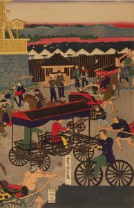 Sección floreciente de Nihonbashi en Tokio. Tríptico de Tokyo Nihonbashi han ei no zu de Utagawa Yoshitora