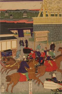 Sección floreciente de Nihonbashi en Tokio. Tríptico de Tokyo Nihonbashi han ei no zu de Utagawa Yoshitora
