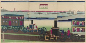 Imagen de locomotoras de vapor viajando (Jokisha rikudo tsuko no zu)