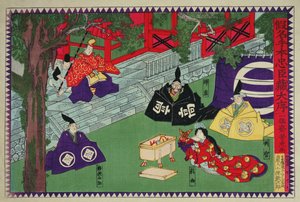 Escena del primer acto de una obra de kabuki, "Kanadehon Chushingura", una historia de venganza basada en el incidente de los cuarenta y siete ronin de 1703, c.1870 (grabado en madera en color) de Utagawa Yoshitora