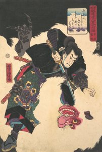 El Guerrero Matando al Gigante Blanco Hihi, 1859, 2º mes de Utagawa Yoshitora