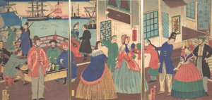 Vista de comer y beber por personas de cinco países, 1861, 12º mes de Utagawa Yoshitora
