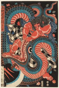 Kintarō lidiando con una serpiente