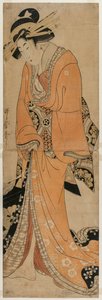 Geisha de pie junto a un estuche de shamisen, c. 1810