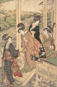 Grupo de mujeres en el Engawa de una casa de campo, en la época de la floración de los cerezos, ca. 1806 de Utamaro II