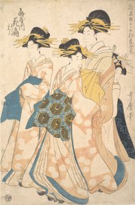 La Oiran Hanaogi de Ogiya atendida por dos Shinzo y su Kamuro Yoshino de Utamaro II