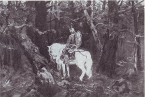 En contemplación (Caballero en un caballo entrando en un bosque espeso)