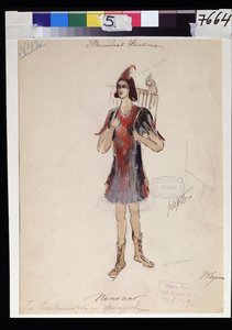 Diseño de vestuario para la ópera "Die Zauberflote" de W A Mozart (1756-1791). Obra de V.Bushina (principios del siglo XIX). Acuarela, gouache y oro sobre papel de V. Bushina