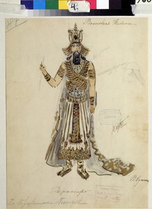 Diseño de vestuario para la ópera "Die Zauberflote" de W A Mozart (1756-1791). Obra de V.Bushina (principios del siglo XIX). Acuarela, gouache y oro sobre papel de V. Bushina