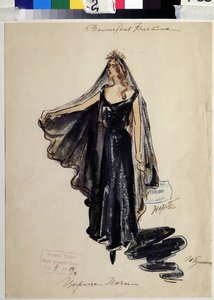 Diseño de vestuario para la ópera "Die Zauberflote" de W A Mozart (1756-1791). Obra de V.Bushina (principios del siglo XIX). Acuarela, gouache y oro sobre papel de V. Bushina