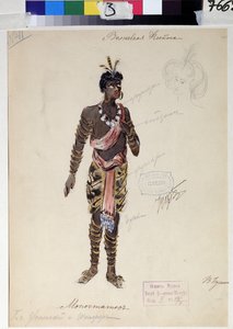 Diseño de vestuario para la ópera "die Zauberflote" de W A Mozart (1756-1791). Obra de V.Bushina (principios del siglo XIX). Acuarela, gouache y oro sobre papel de V. Bushina
