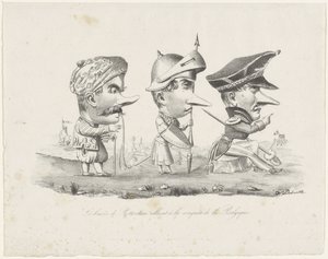 Caricatura de la milicia de Rotterdam, 1830 Les braves de Rotterdam allant à la conquête de la Belgique (título sobre objeto) de V. Dubrulle