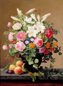 Naturaleza muerta con flores y frutas