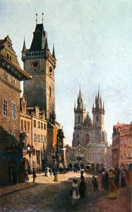 Vista de Staromestsky Rynk con el Ayuntamiento y la Iglesia de Nuestra Señora antes de Tyn, de 